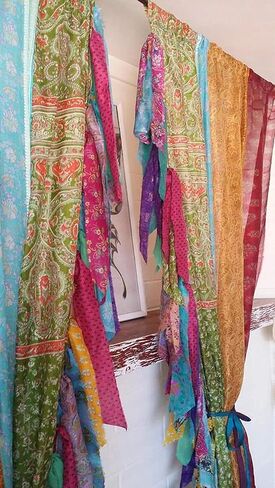 2 Pcs of Indian Curtain Saree Silk Curtain Sari Boho Curtain Gypsy Curtain Hippy Bohemian Curtain Ethnic Wall Hanging Curtain Yille in Saudi Arabia