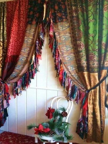 2 Pcs of Indian Curtain Saree Silk Curtain Sari Boho Curtain Gypsy Curtain Hippy Bohemian Curtain Ethnic Wall Hanging Curtain Yille in Saudi Arabia
