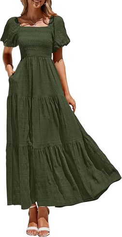 PRETTYGARDEN Womens Summer Puff Short Sleeve Maxi Dress Square Neck Smocked Tiered Ruffle A Line Long Flowy Beach Dresses in Saudi Arabia