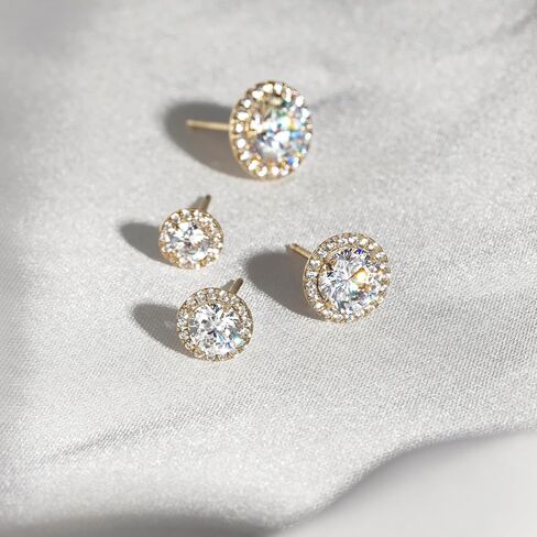 10K or 14K Real Solid Gold Halo Earrings for Women | White or Yellow Gold Halo Round Cut Studs | 0.5 to 3 Carat Cubic Zirconia CZ Simulated Diamond in Kuwait