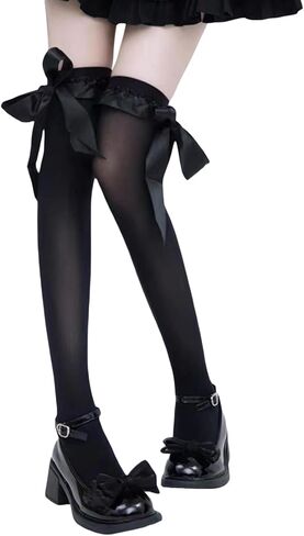 Women Thigh High Boot Socks Satin Ribbon Bow Trim Over Knee Long Stockings Lolita High Socks Frilly Cuffs in Kuwait