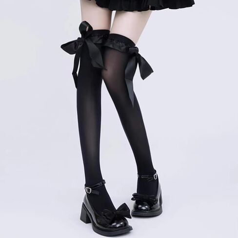Women Thigh High Boot Socks Satin Ribbon Bow Trim Over Knee Long Stockings Lolita High Socks Frilly Cuffs in Kuwait