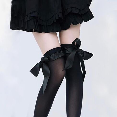 Women Thigh High Boot Socks Satin Ribbon Bow Trim Over Knee Long Stockings Lolita High Socks Frilly Cuffs in Kuwait