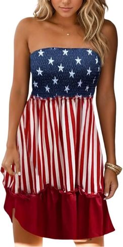 AIMITAG American Flag Smocked Smoockless Mini Dress Fress Womens Flag Stars Vertical Striped Ruffled Tube Top Top Dress Beach Sundress in Kuwait