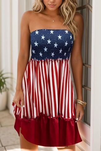 AIMITAG American Flag Smocked Smoockless Mini Dress Fress Womens Flag Stars Vertical Striped Ruffled Tube Top Top Dress Beach Sundress in Kuwait