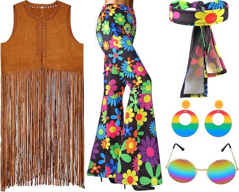 SATINIOR 5 Pcs 60s 70s Outfits for Women Hippie Disco Costume Set Tassel Vest Headband Flared Pants Earring Sunglass in Saudi Arabia