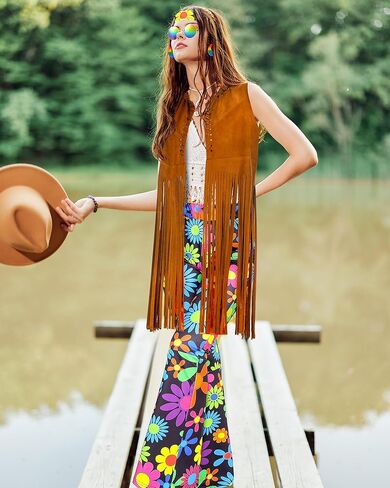 SATINIOR 5 Pcs 60s 70s Outfits for Women Hippie Disco Costume Set Tassel Vest Headband Flared Pants Earring Sunglass in Saudi Arabia