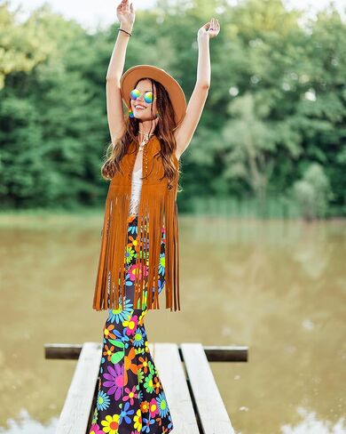 SATINIOR 5 Pcs 60s 70s Outfits for Women Hippie Disco Costume Set Tassel Vest Headband Flared Pants Earring Sunglass in Saudi Arabia