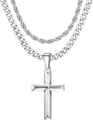925 Sterling Silver Cross Necklace for Men Women - Stainless Steel Diamond Cut Cuban Link Rope Chain Layered Cross Pendant Necklaces Jewelry 14-30 Inches in Kuwait