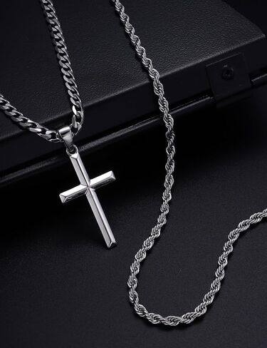 925 Sterling Silver Cross Necklace for Men Women - Stainless Steel Diamond Cut Cuban Link Rope Chain Layered Cross Pendant Necklaces Jewelry 14-30 Inches in Kuwait