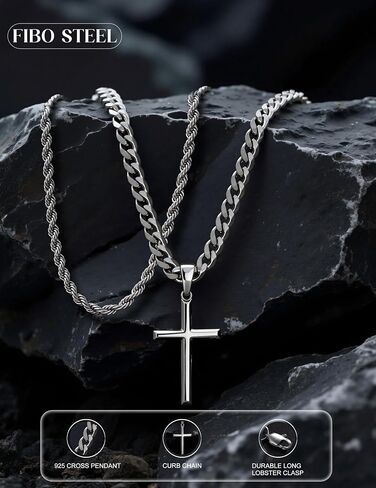 925 Sterling Silver Cross Necklace for Men Women - Stainless Steel Diamond Cut Cuban Link Rope Chain Layered Cross Pendant Necklaces Jewelry 14-30 Inches in Saudi Arabia