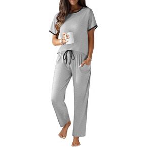 Ekouaer 100% Cotton Pajama for Women Short Sleeve Pj Top With Long Pants 2 Piece Lounge Set with Pocket in Saudi Arabia