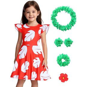 فتاة هاواي فستان هولا زي كيد هالوين لوا بزوم الزي الأحمر فستان استوائي مع مجموعة accessoreis زهرة لي in Kuwait