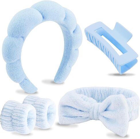 VELSCRUN Spa Headbands for Wash Face, Makeup Headband, Facial Skincare Headbands, 5 Pcs Blue Puffy Sponge Spa Headband Bow Tie Hair Band Hair Clips Wristband Set Women Girls Accessories in Kuwait