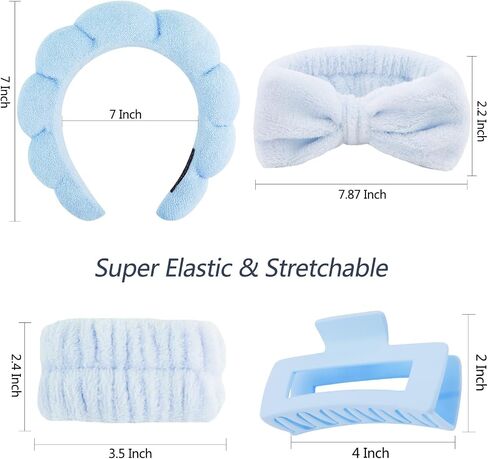 VELSCRUN Spa Headbands for Wash Face, Makeup Headband, Facial Skincare Headbands, 5 Pcs Blue Puffy Sponge Spa Headband Bow Tie Hair Band Hair Clips Wristband Set Women Girls Accessories in Kuwait