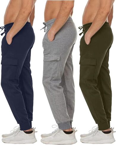 3-Pack Men's Slim Fit Fleece Jogger Sweatpants with Velcro Cargo Pockets for Workout(S-2XL) in Saudi Arabia