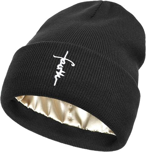 Satin Lined Beanie Hats for Women Men Embroidered Faith Hat Silk Lining Beanies Winter Hats for Women Slouchy Beanie Hat in Kuwait