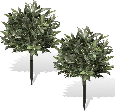 Artificial Topiary Ball Olive Tree Outdoor Plants with Spike, 2 Pack Faux Olive Topiary Ball Bushes UV Resistant Fake Shrubs for Front Porch Décor in Kuwait