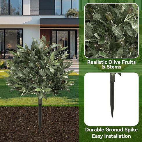 Artificial Topiary Ball Olive Tree Outdoor Plants with Spike, 2 Pack Faux Olive Topiary Ball Bushes UV Resistant Fake Shrubs for Front Porch Décor in Kuwait