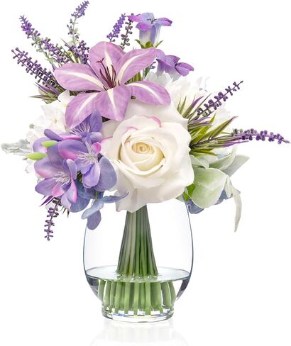 WELL KNOWN Artificial Hydrangea Arrangement with Yellow Roses, Real Touch Fake Flowers in Vase with Fake Water, Faux Hydrangea Yellow Flower Arrangements for Dining Table Centerpiece Home Decor in Saudi Arabia