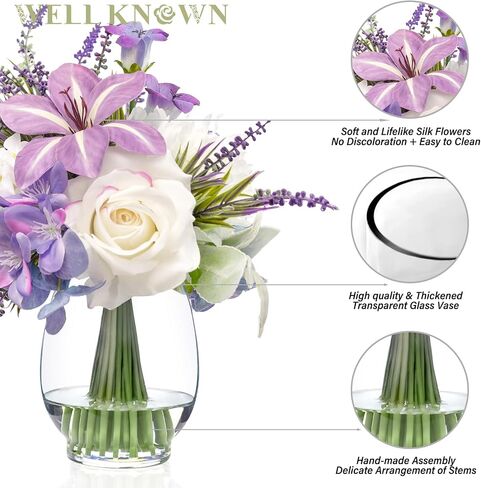 WELL KNOWN Artificial Hydrangea Arrangement with Yellow Roses, Real Touch Fake Flowers in Vase with Fake Water, Faux Hydrangea Yellow Flower Arrangements for Dining Table Centerpiece Home Decor in Saudi Arabia
