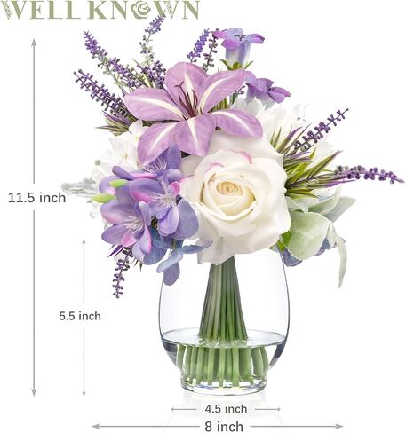 WELL KNOWN Artificial Hydrangea Arrangement with Yellow Roses, Real Touch Fake Flowers in Vase with Fake Water, Faux Hydrangea Yellow Flower Arrangements for Dining Table Centerpiece Home Decor in Saudi Arabia