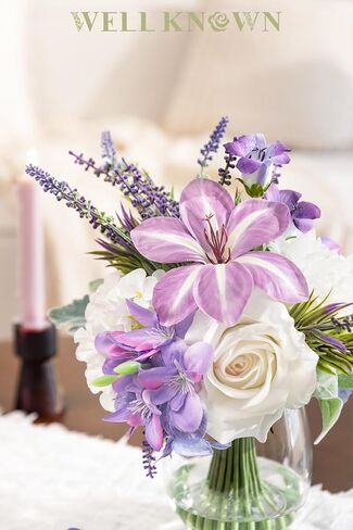 WELL KNOWN Artificial Hydrangea Arrangement with Yellow Roses, Real Touch Fake Flowers in Vase with Fake Water, Faux Hydrangea Yellow Flower Arrangements for Dining Table Centerpiece Home Decor in Saudi Arabia