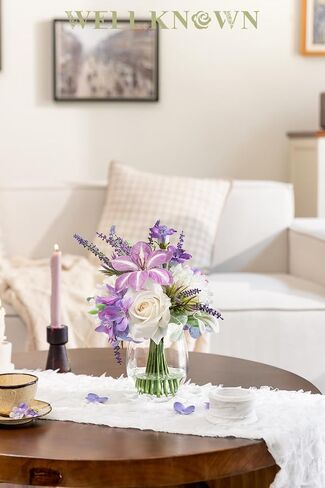 WELL KNOWN Artificial Hydrangea Arrangement with Yellow Roses, Real Touch Fake Flowers in Vase with Fake Water, Faux Hydrangea Yellow Flower Arrangements for Dining Table Centerpiece Home Decor in Saudi Arabia