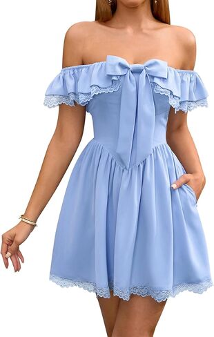EYNMIN Women's Off The Shoulder Mini Dress Lace Bow Tie Flowy A Line Cute Casual Short Dresses with Pocket in Saudi Arabia