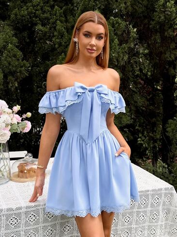 EYNMIN Women's Off The Shoulder Mini Dress Lace Bow Tie Flowy A Line Cute Casual Short Dresses with Pocket in Saudi Arabia