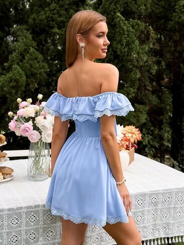 EYNMIN Women's Off The Shoulder Mini Dress Lace Bow Tie Flowy A Line Cute Casual Short Dresses with Pocket in Saudi Arabia