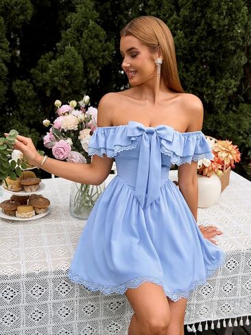 EYNMIN Women's Off The Shoulder Mini Dress Lace Bow Tie Flowy A Line Cute Casual Short Dresses with Pocket in Saudi Arabia