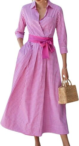 chouyatou Women's Retro Plaid Button Up Maxi Shirt Dress 3/4 Sleeve Gingham Pocketed Long Dress with Belt in Saudi Arabia