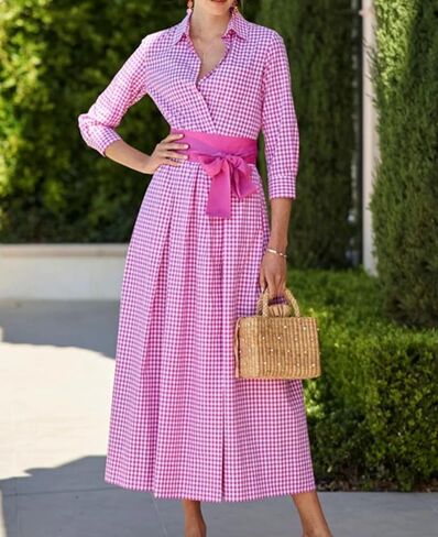 chouyatou Women's Retro Plaid Button Up Maxi Shirt Dress 3/4 Sleeve Gingham Pocketed Long Dress with Belt in Saudi Arabia