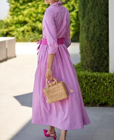 chouyatou Women's Retro Plaid Button Up Maxi Shirt Dress 3/4 Sleeve Gingham Pocketed Long Dress with Belt in Saudi Arabia