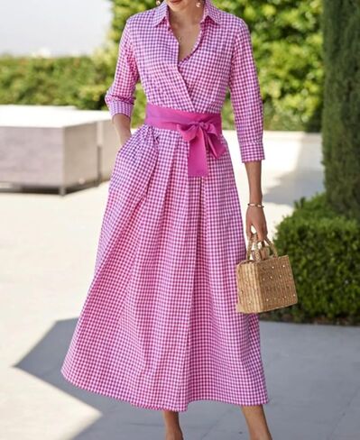 chouyatou Women's Retro Plaid Button Up Maxi Shirt Dress 3/4 Sleeve Gingham Pocketed Long Dress with Belt in Saudi Arabia