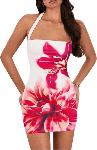 طباعة الأزهار النسائية Oyoangle Y2K Mini Dress Halter Neckless Olcyless in Kuwait