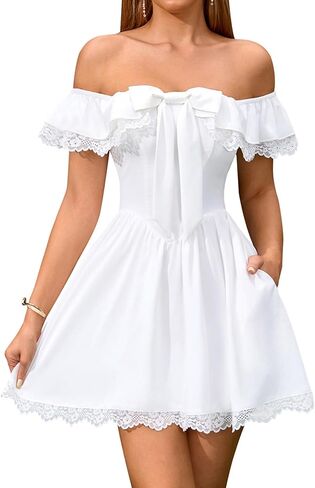 EYNMIN Women's Off The Shoulder Mini Dress Lace Bow Tie Flowy A Line Cute Casual Short Dresses with Pocket in Saudi Arabia
