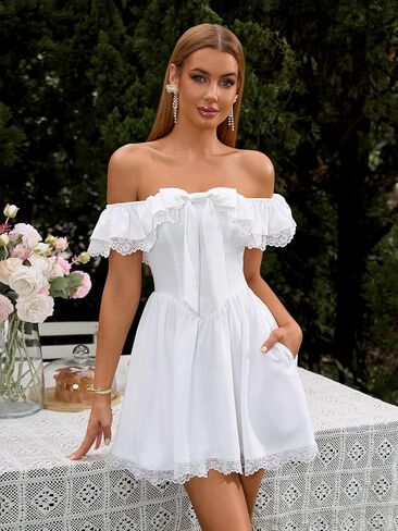 EYNMIN Women's Off The Shoulder Mini Dress Lace Bow Tie Flowy A Line Cute Casual Short Dresses with Pocket in Saudi Arabia