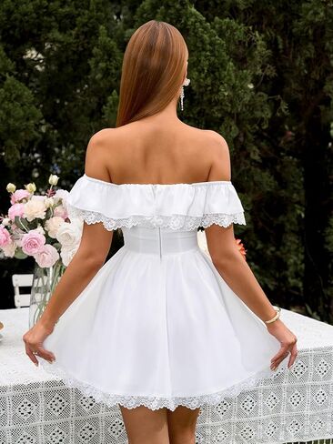 EYNMIN Women's Off The Shoulder Mini Dress Lace Bow Tie Flowy A Line Cute Casual Short Dresses with Pocket in Saudi Arabia