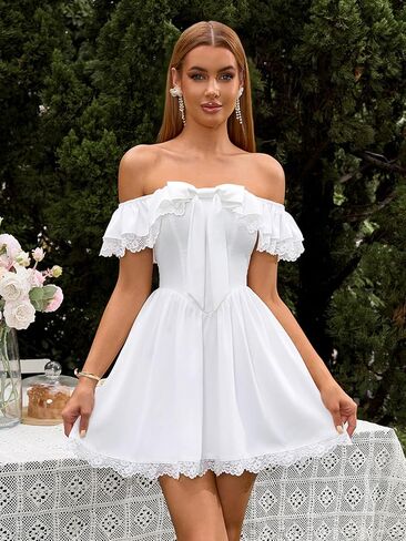 EYNMIN Women's Off The Shoulder Mini Dress Lace Bow Tie Flowy A Line Cute Casual Short Dresses with Pocket in Saudi Arabia