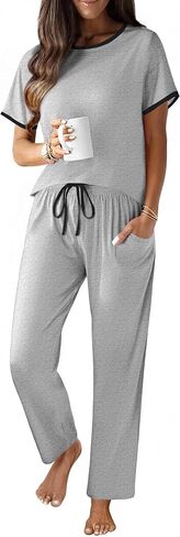 Ekouaer 100% Cotton Pajama for Women Short Sleeve Pj Top With Long Pants 2 Piece Lounge Set with Pocket in Saudi Arabia