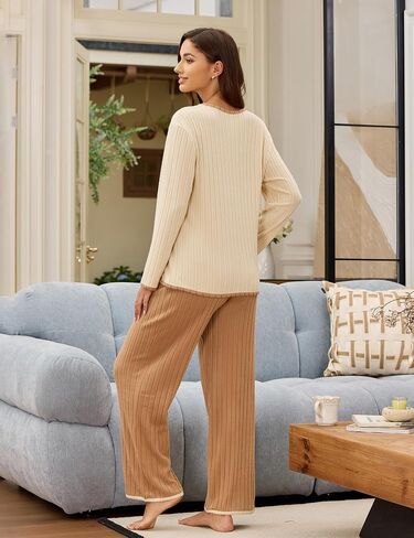 مجموعات صالة Womens Womens Blooming 2 قطعة بيجاما مجموعات بلوك ألوان مجموعة Sleepwear PJ Set 2025 Fall Outfits in Saudi Arabia