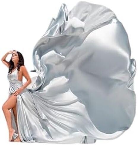 Silver Long Tail Flying for Women's Wedding, Maternity Photoshoot Santorini Flying Dress for Photoshoot | Long Tail Satin Maxi in Saudi Arabia