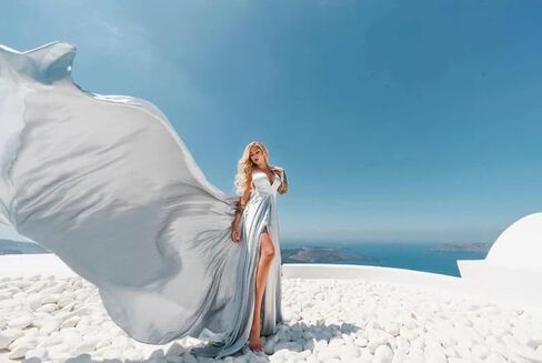 Silver Long Tail Flying for Women's Wedding, Maternity Photoshoot Santorini Flying Dress for Photoshoot | Long Tail Satin Maxi in Saudi Arabia