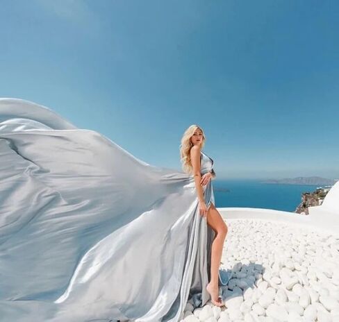 Silver Long Tail Flying for Women's Wedding, Maternity Photoshoot Santorini Flying Dress for Photoshoot | Long Tail Satin Maxi in Saudi Arabia