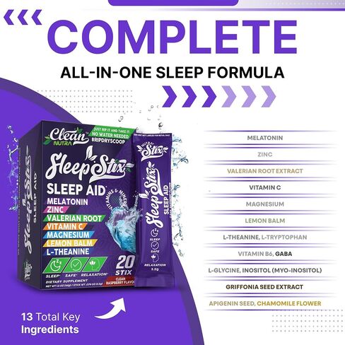 Sleep Aid Melatonin Powder Tryptophan Glycine Valerian Root Magnesium For Sleep Lemon Balm L Theanine Magnesium Glycinate Zinc Sleep Aid Myo Inositol GABACalm B6 5 HTP Stress Relief 20 Stix in Kuwait
