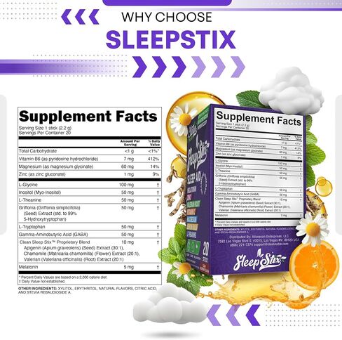 Sleep Aid Melatonin Powder Tryptophan Glycine Valerian Root Magnesium For Sleep Lemon Balm L Theanine Magnesium Glycinate Zinc Sleep Aid Myo Inositol GABACalm B6 5 HTP Stress Relief 20 Stix in Kuwait