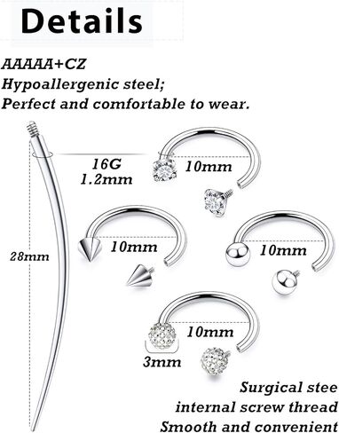 16g Internal Thread Horseshoe Nose Ring - Surgical Steel 8mm 10mm Horseshoe Septum Jewelry - Lip Rings -U Shaped Hoop Rook Daith Earrings Hypoallergenic Clicker Silver，Piercing Taper Tool in Kuwait