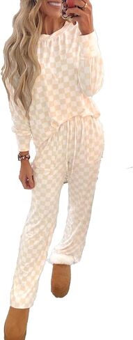 KevaMolly Womens Plaid Pajama Sets Checkered Print Long Sleeve Lace-up Loose Fit Lounge Set Long Sleeve Top and Pants in Kuwait